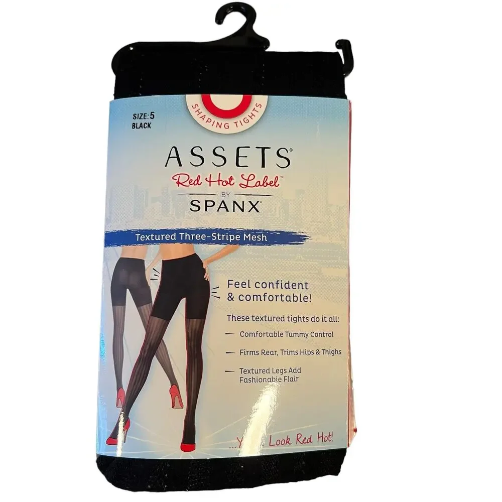 Spanx‎ Assets Black 3 Stripe Mesh Shaping Tights Size 5 New